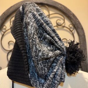 Black and Gray Linen Pom-Pom Beanie, Natural Fiber Winter Hat, Linen Winter Hat